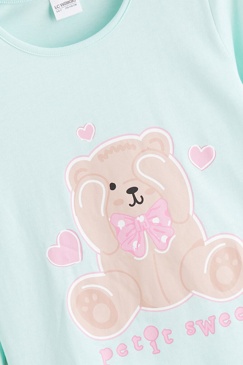 LC WAIKIKI Памучна горна пижама с принт Teddy Bear Светлозелен