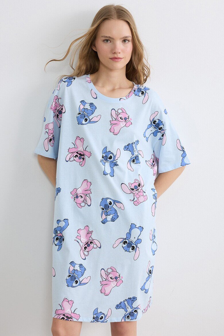 LC WAIKIKI Памучна нощница с принт Stitch Пастелносин/Светлорозов/Светлосин
