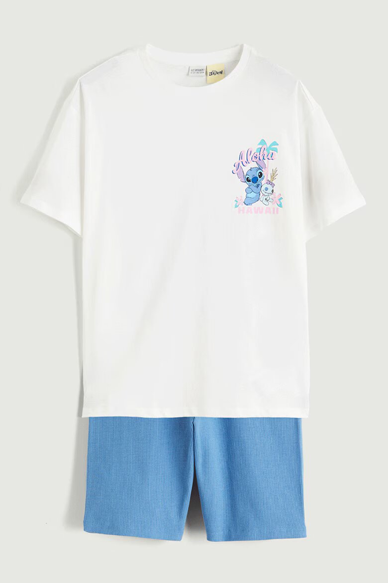 LC WAIKIKI Тениска и къс клин с принт на Stitch Слонова кост/Лилав/Син