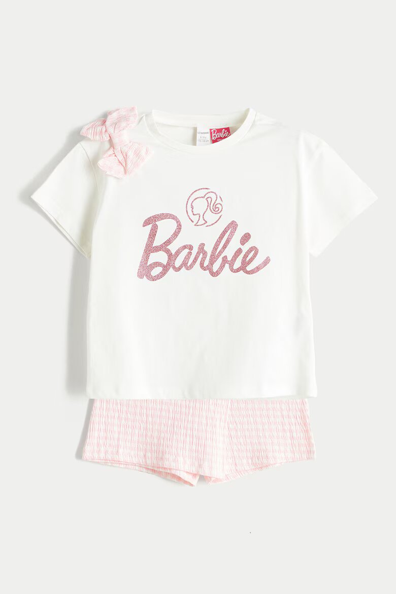 LC WAIKIKI Тениска с принт на Barbie и къса пола-панталон на каре - 2 части Бял/Яркорозово