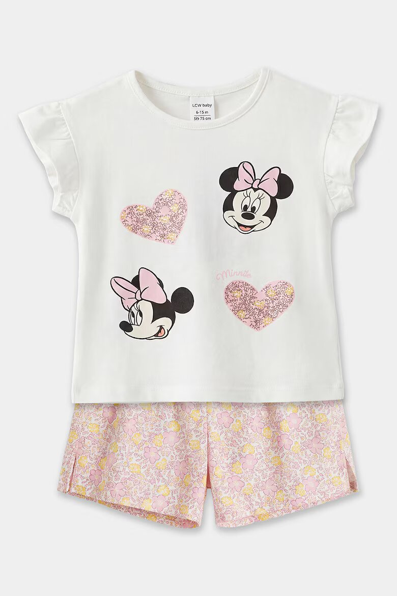 LC WAIKIKI Тениска с принт на Minnie Mouse и флорален къс панталон - 2 части Бял/Розово