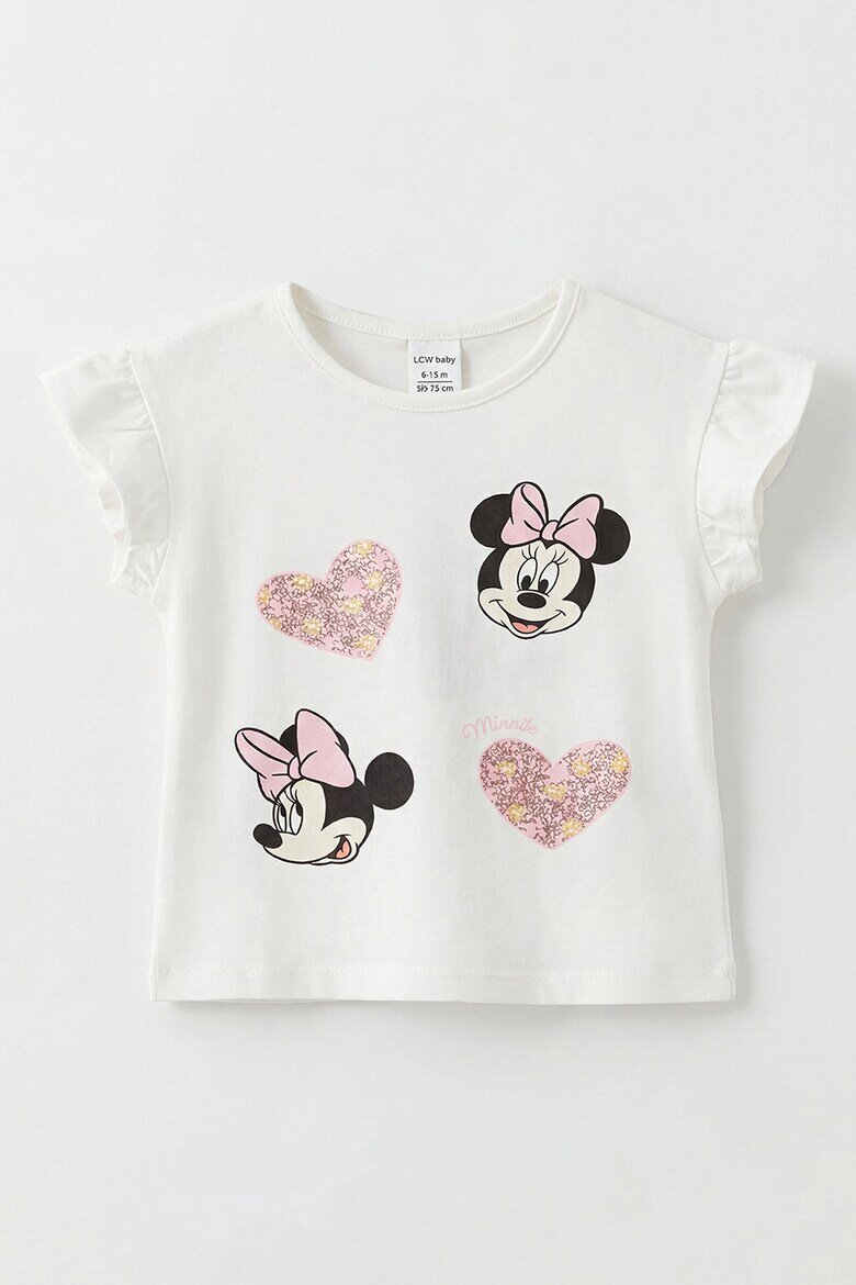 LC WAIKIKI Тениска с принт на Minnie Mouse и флорален къс панталон - 2 части Бял/Розово