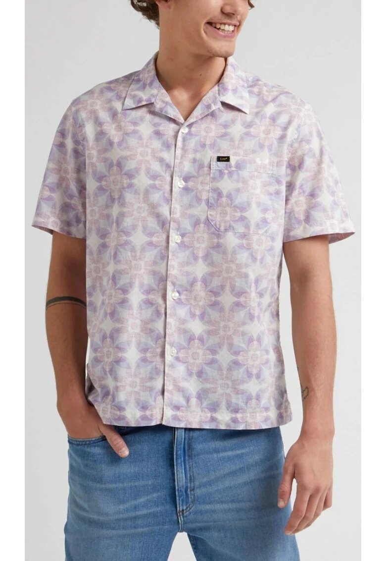 Lee Риза Resort Relaxed Fit - памук - бяло-виолетов геометричен флорален модел - сива - къс ръкав