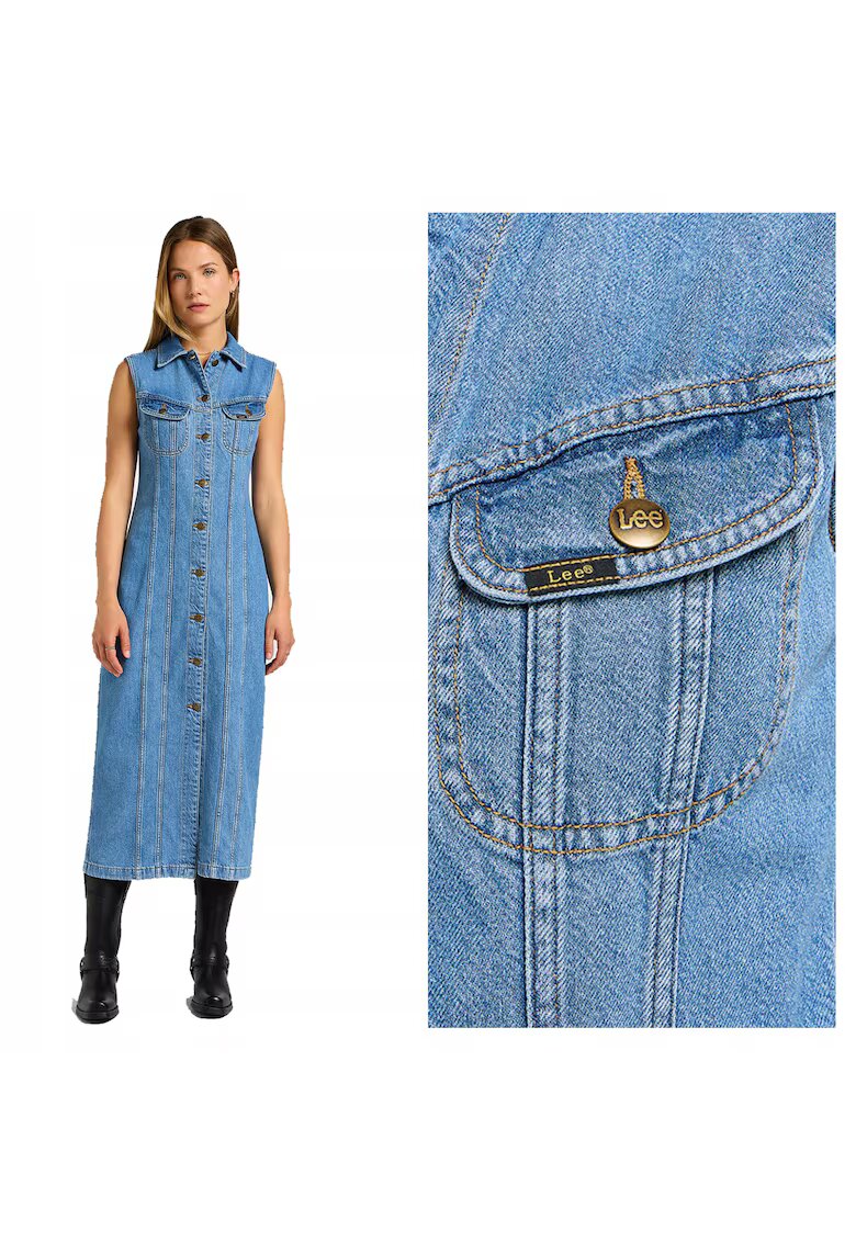 Lee Рокля Дамска - Long Slim Dress - Regular Fit - С Яка - Без Ръкави - Деним Акцент - Копчета - Памук - S INTL - Синя
