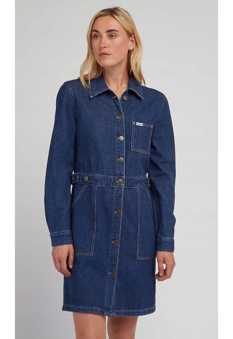 Lee Рокля Workwear Mid Cascade - памук - синя - къс ръкав - цип и копчета