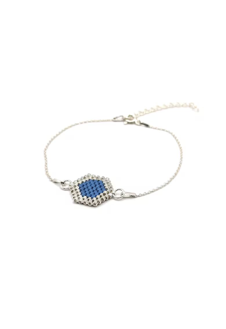Lexys Boutique Регулируема сребърна гривна - шестоъгълен декоративен елемент от мъниста Miyuki - сребристо/синьо - макс. 20.80 см