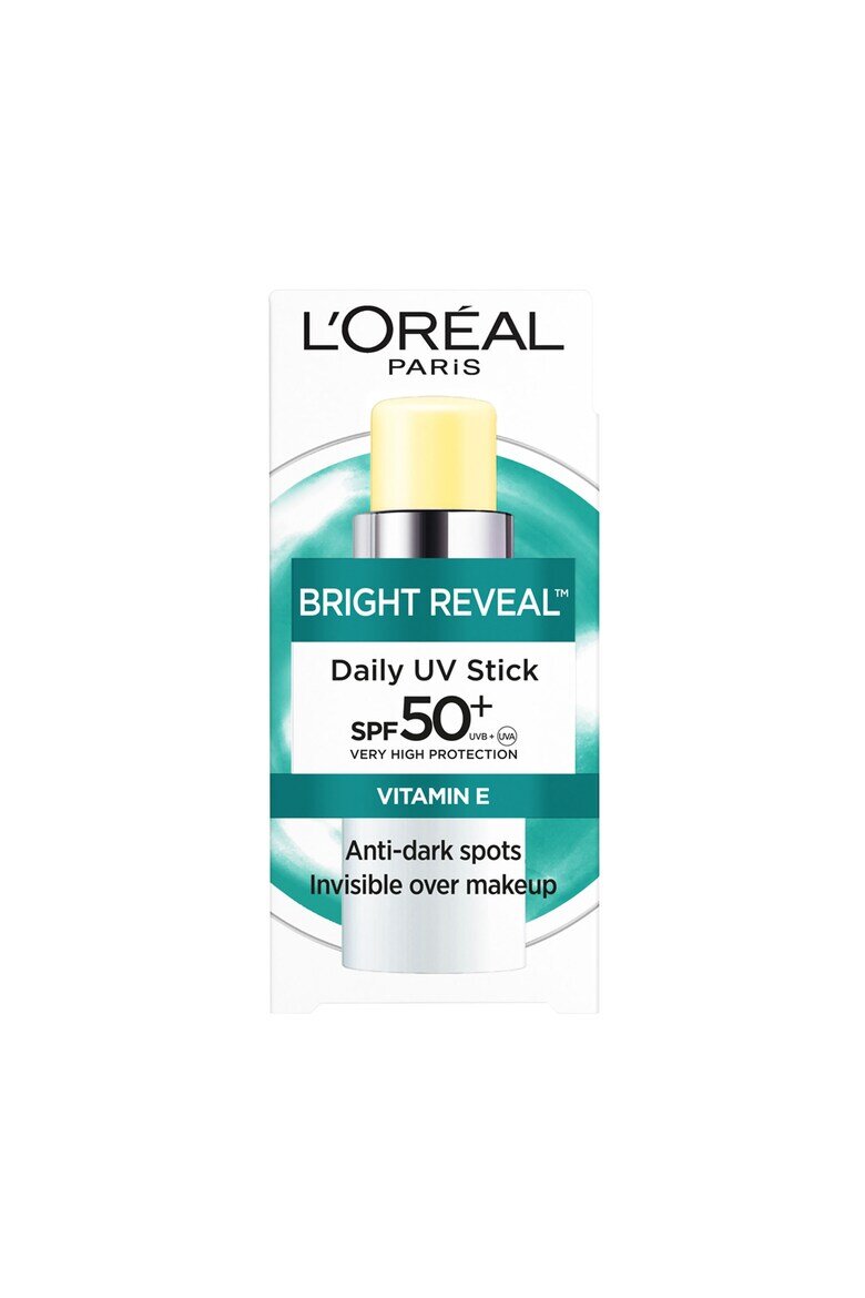 L'Oreal Paris Твърд слънцезащитен стик Bright Reveal Много висока слънцезащита SPF 50+ Съдържа витамин Е Против пигментни петна Невидим върху грим 9 мл