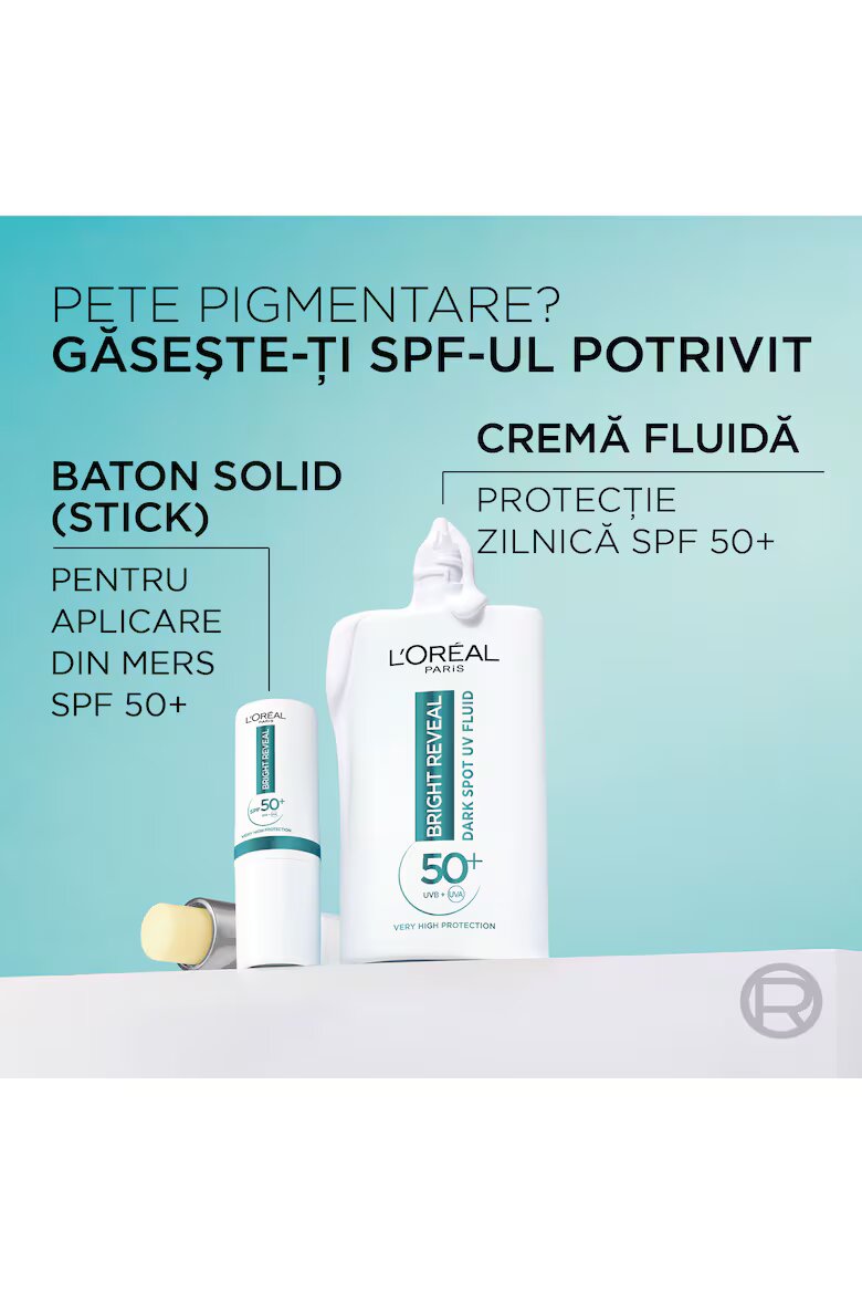 L'Oreal Paris Твърд слънцезащитен стик Bright Reveal Много висока слънцезащита SPF 50+ Съдържа витамин Е Против пигментни петна Невидим върху грим 9 мл