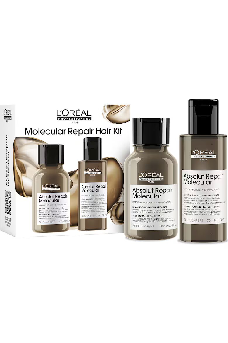 L'Oreal Professionnel Комплект (Шампоан 100мл + Серум 75мл) Travel Size Duo L'Oréal Professionnel Serie Expert Absolut Repair Molecular За увредена коса С пептидни връзки и 5 аминокиселини Възстановява макромолекулярната структура на косъма