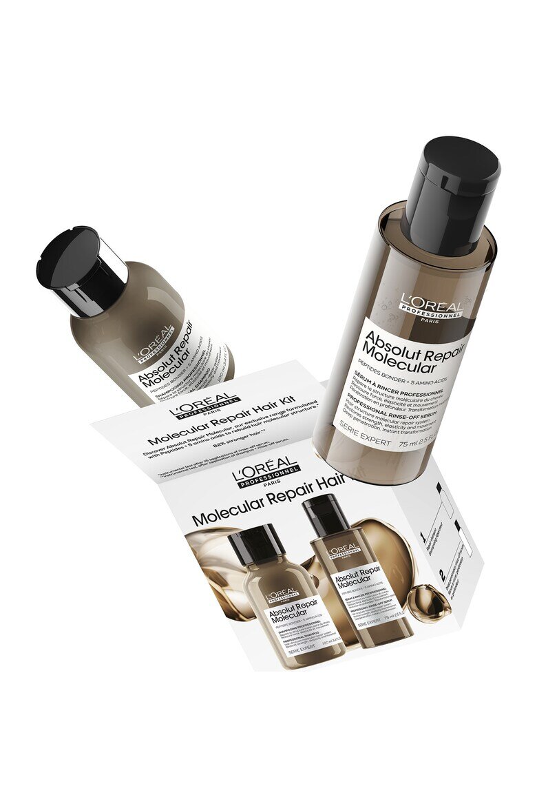 L'Oreal Professionnel Комплект (Шампоан 100мл + Серум 75мл) Travel Size Duo L'Oréal Professionnel Serie Expert Absolut Repair Molecular За увредена коса С пептидни връзки и 5 аминокиселини Възстановява макромолекулярната структура на косъма