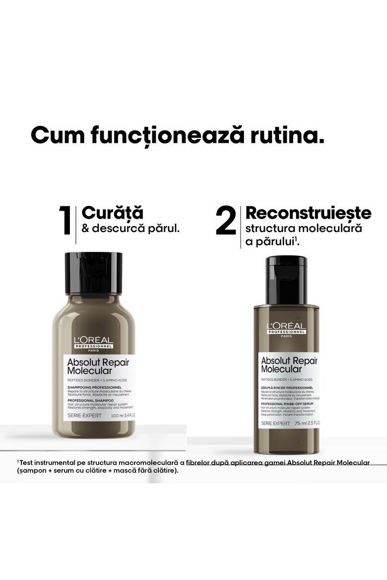 L'Oreal Professionnel Комплект (Шампоан 100мл + Серум 75мл) Travel Size Duo L'Oréal Professionnel Serie Expert Absolut Repair Molecular За увредена коса С пептидни връзки и 5 аминокиселини Възстановява макромолекулярната структура на косъма