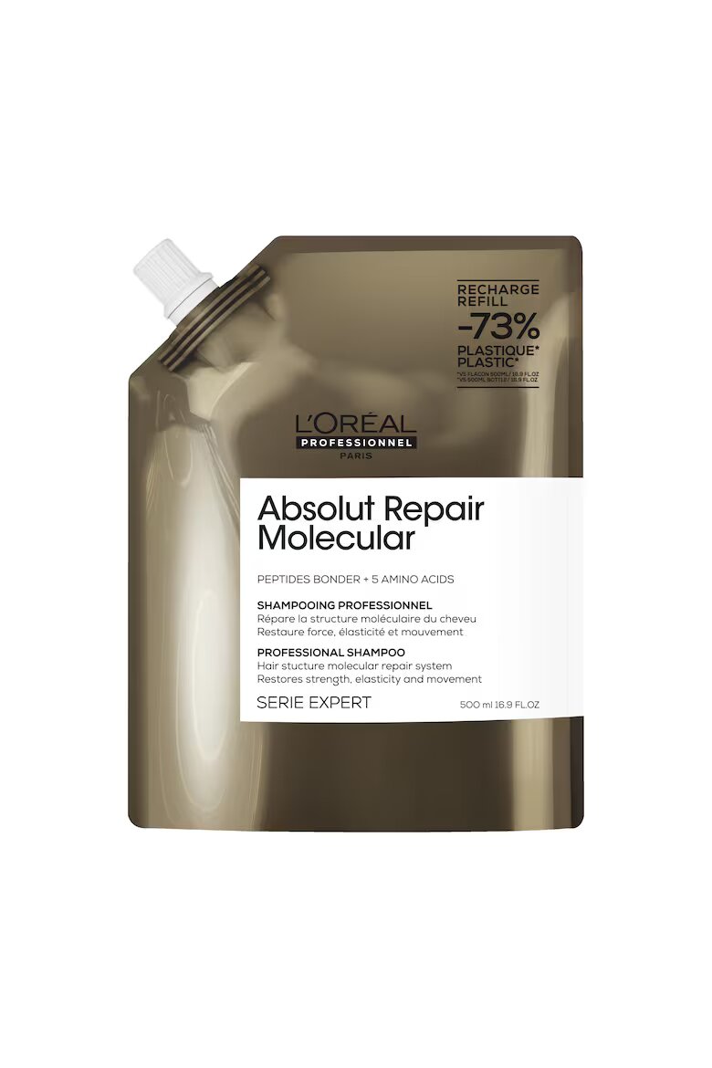 L'Oreal Professionnel Шампоан за увредена коса Serie Expert Absolut Repair Molecular формулиран с пептидни връзки и 5 аминокиселини възстановява макромолекулната структура на косъма без сулфати. 0.5 l