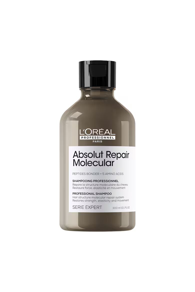 L'Oreal Professionnel Шампоан за увредена коса Serie Expert Absolut Repair Molecular формулиран с пептидни връзки и 5 аминокиселини възстановява макромолекулната структура на косъма без сулфати. 300 мл