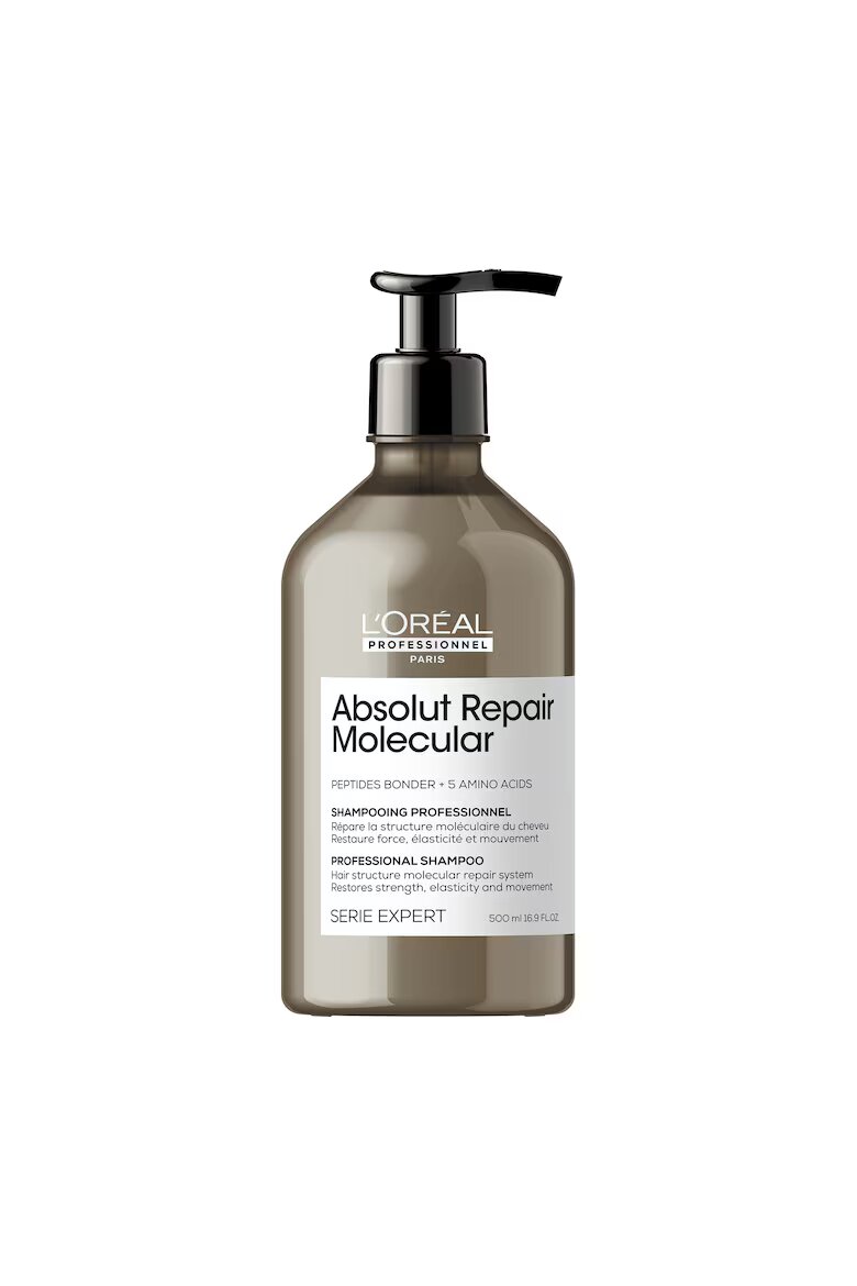 L'Oreal Professionnel Шампоан за увредена коса Serie Expert Absolut Repair Molecular формулиран с пептидни връзки и 5 аминокиселини възстановява макромолекулната структура на косъма без сулфати. 500 мл