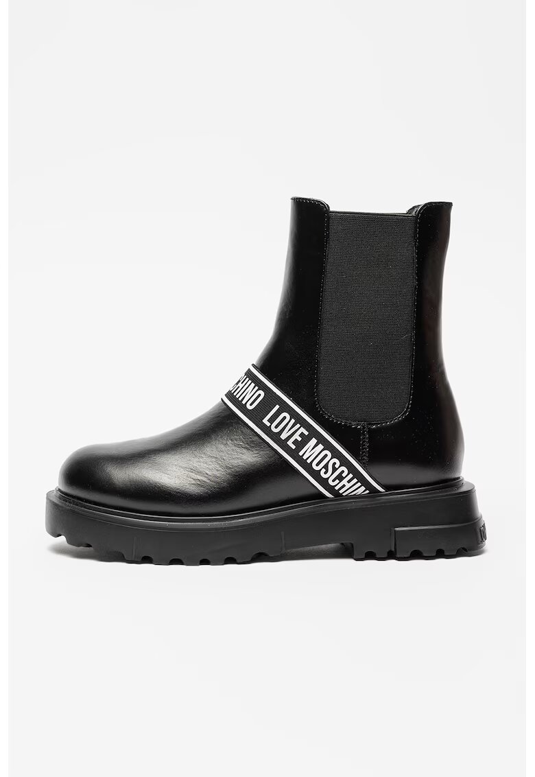 Love Moschino Кожени боти Chelsea с лента с лого - Черен/Бял