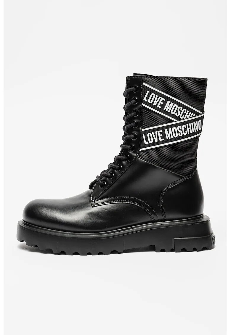 Love Moschino Кожени боти с лого - Черен/Бял