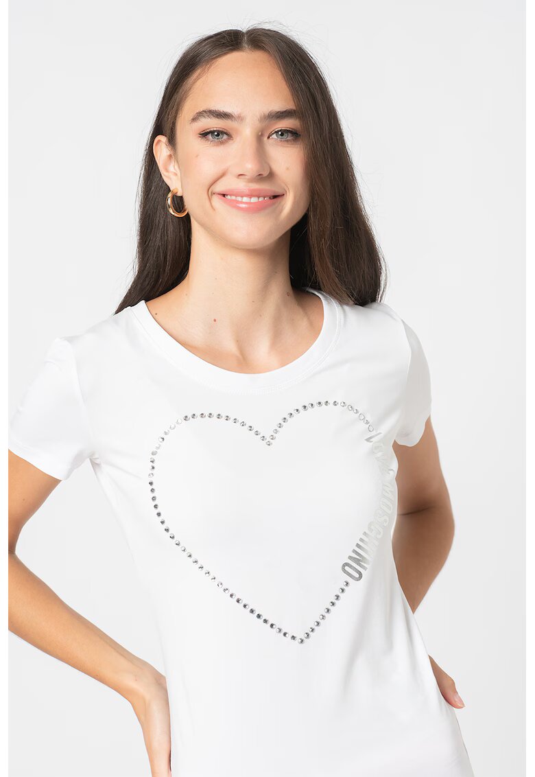 Love Moschino Тениска с овално деколте и декоративни камъни - Бял/Сребрист