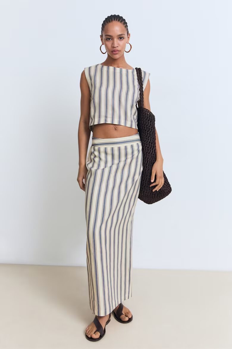 Mango Дълга ленена пола на райе Светло бежово/Тъмносин