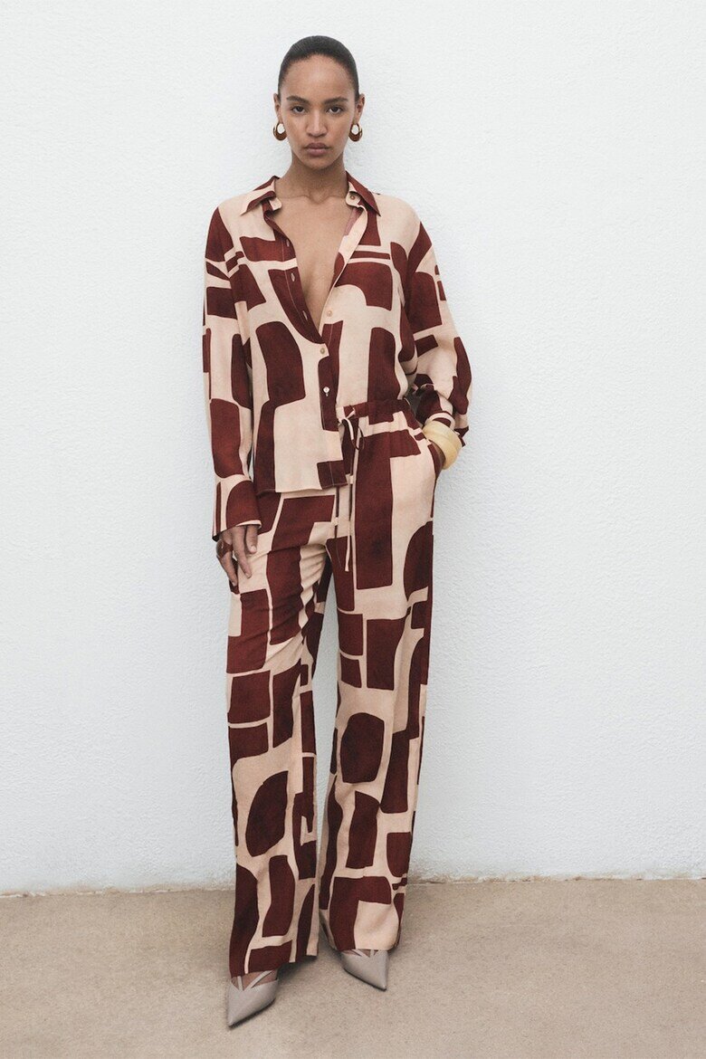 Mango Панталон с широк крачол и връзка Коняк кафяв/Бежов