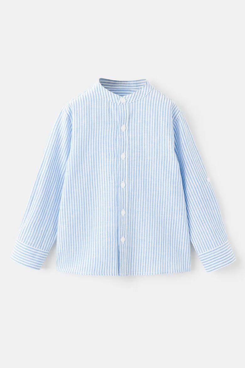 Mango Раирана риза с лен и яка Henley Бял/Светлосин