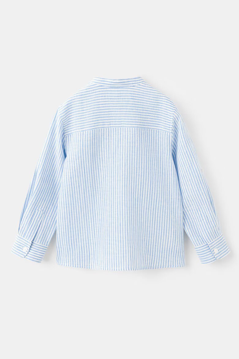 Mango Раирана риза с лен и яка Henley Бял/Светлосин