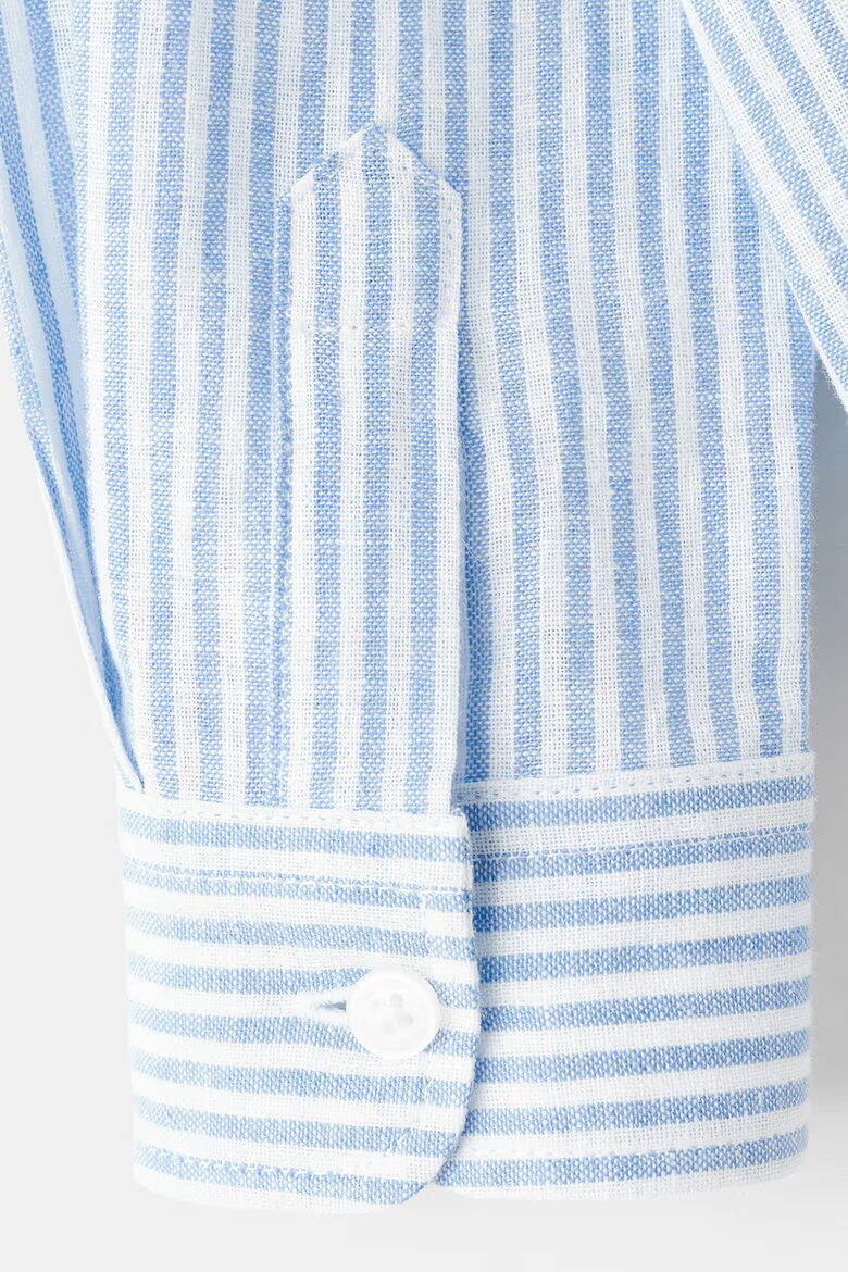 Mango Раирана риза с лен и яка Henley Бял/Светлосин