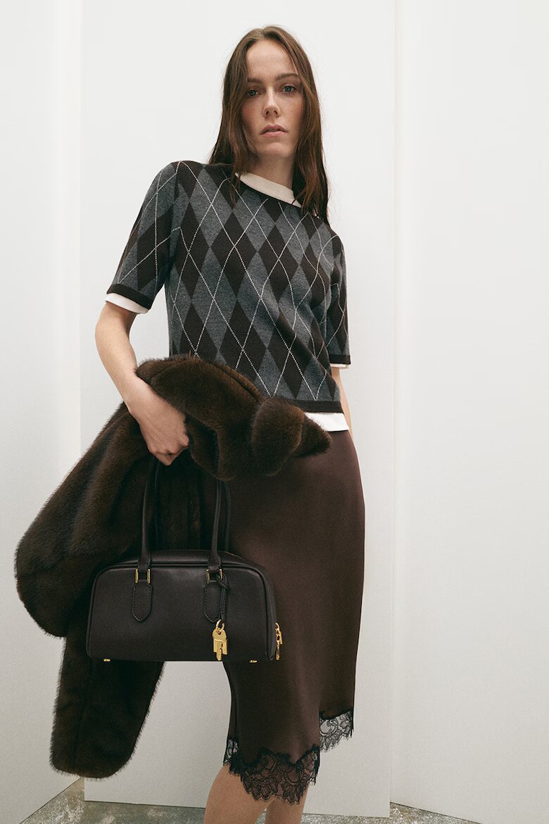 Mango Сатинирана пола с дантела Тъмнокафяв