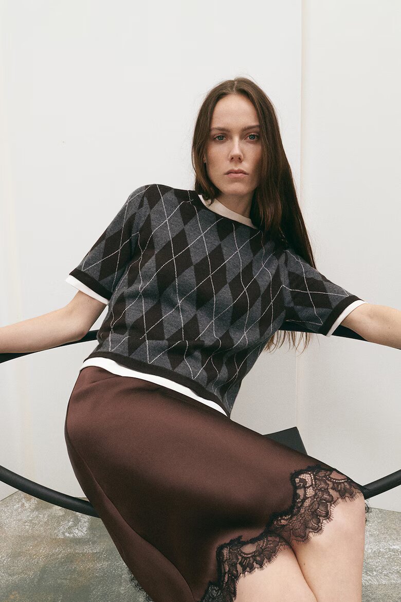 Mango Сатинирана пола с дантела Тъмнокафяв