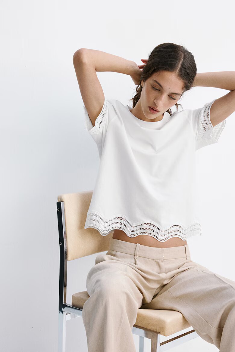 Mango Тениска с английска бродерия Бял