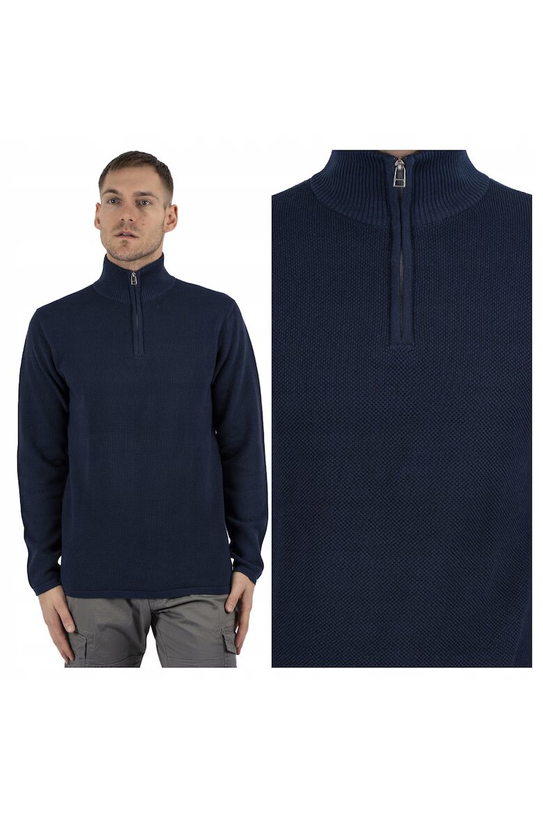 MARCUS Мъжки пуловер Langdon Half Zip Regular Fit Дълги ръкави Висока яка Изчистен дизайн Памук 3XL Син Син