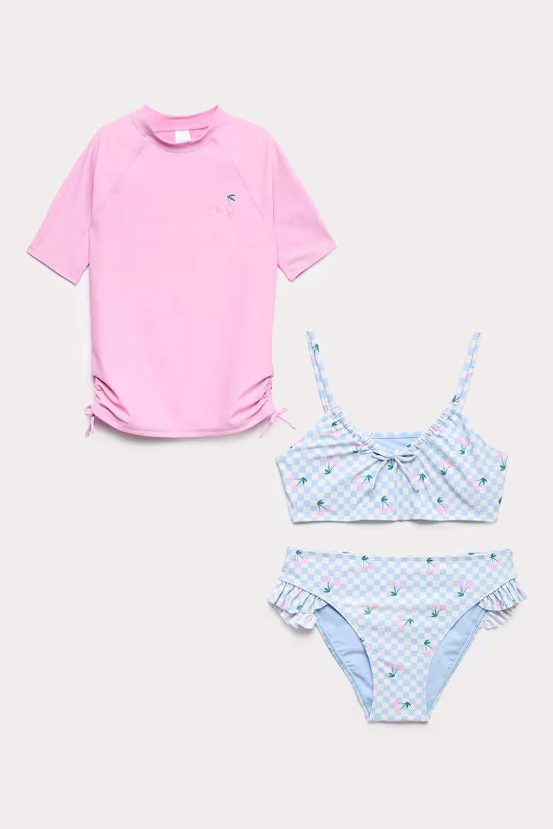 Marks & Spencer Бански и тениска с плодова шарка - 3 части Пастелносин/Пастелнорозов