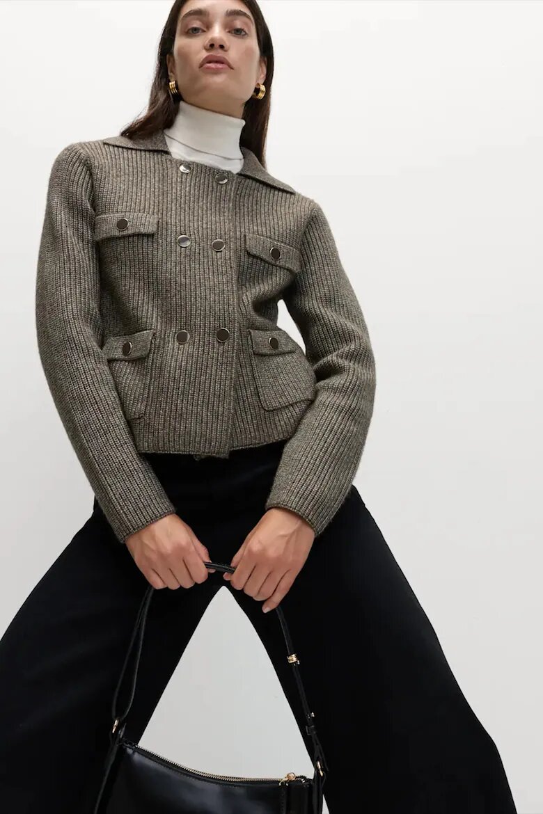 Marks & Spencer Двуредна жилетка с яка Кафяв меланж