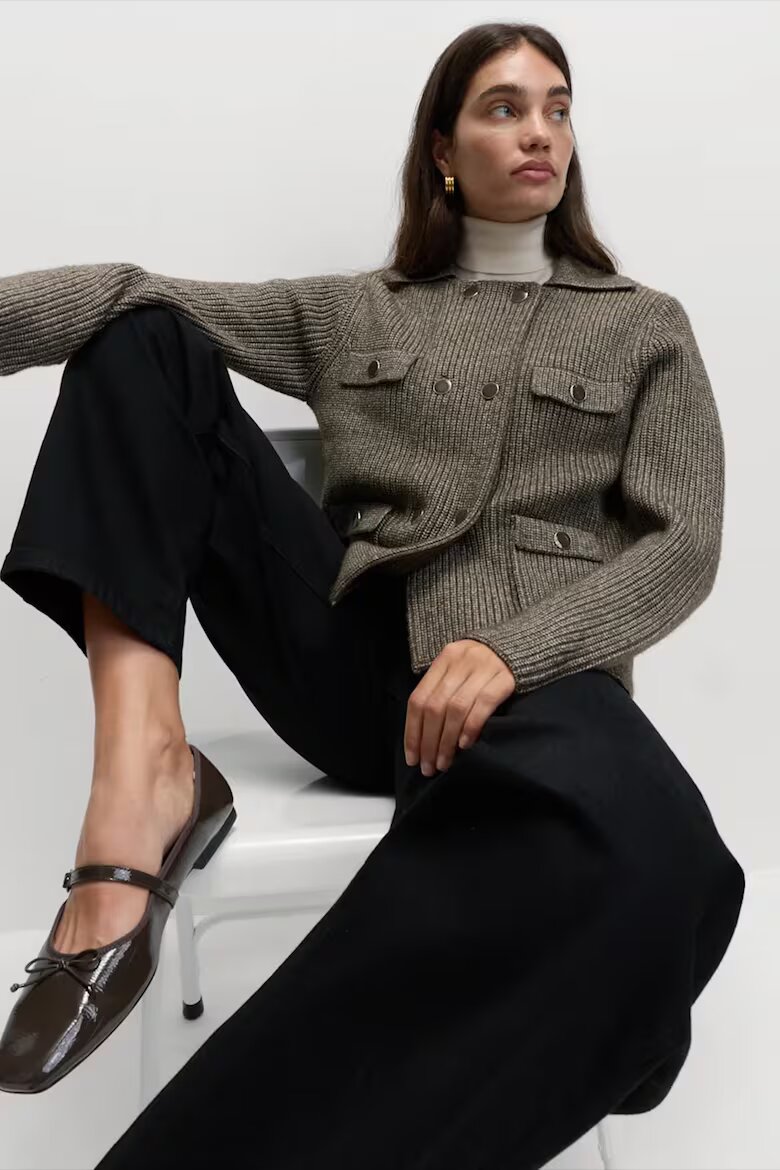 Marks & Spencer Двуредна жилетка с яка Кафяв меланж