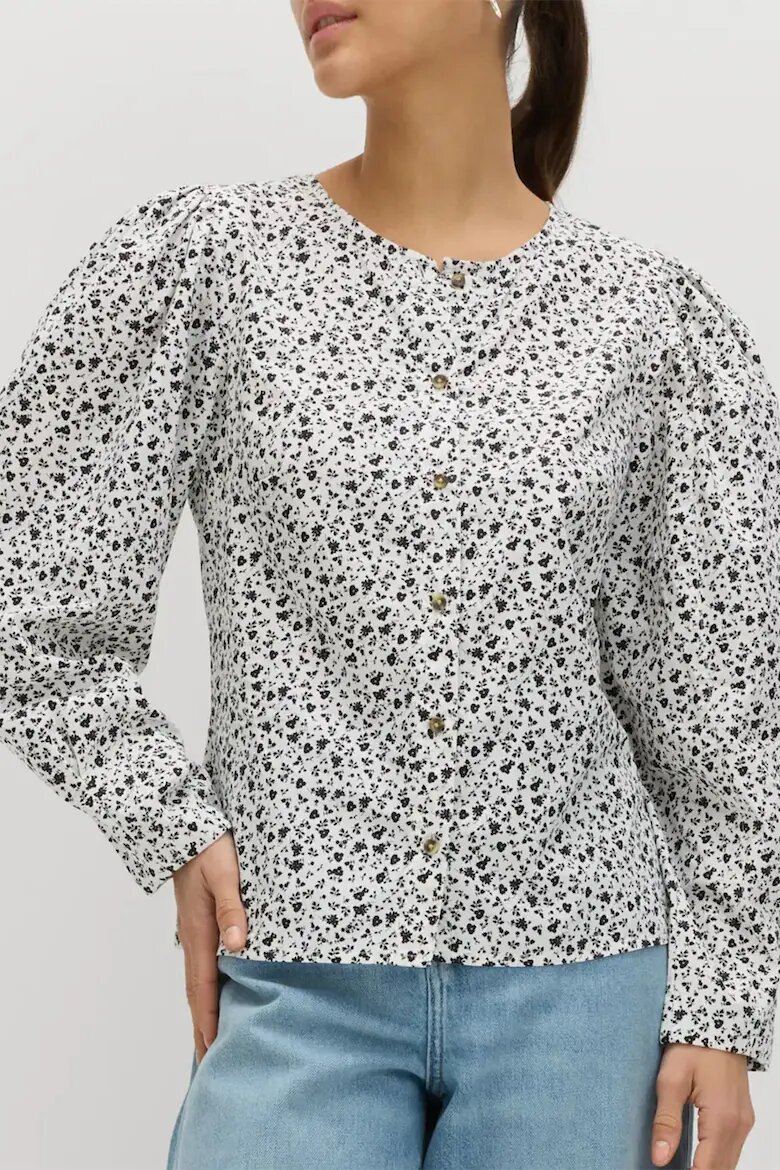 Marks & Spencer Флорална блуза с бухнали ръкави Бял/Черен