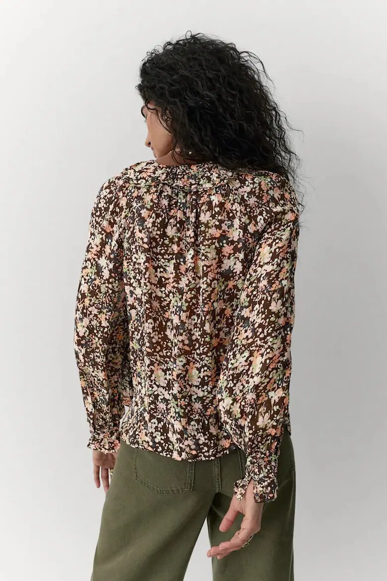 Marks & Spencer Флорална блуза с пискюли Тъмнокафяв/Оранжев/Бледозелен