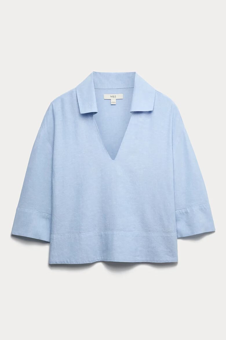 Marks & Spencer Къса плажна блуза с лен Ледено синьо