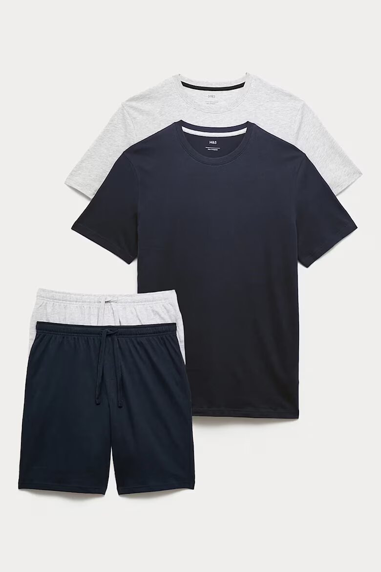Marks & Spencer Памучна къса пижама - 4 части Бял/Тъмносин