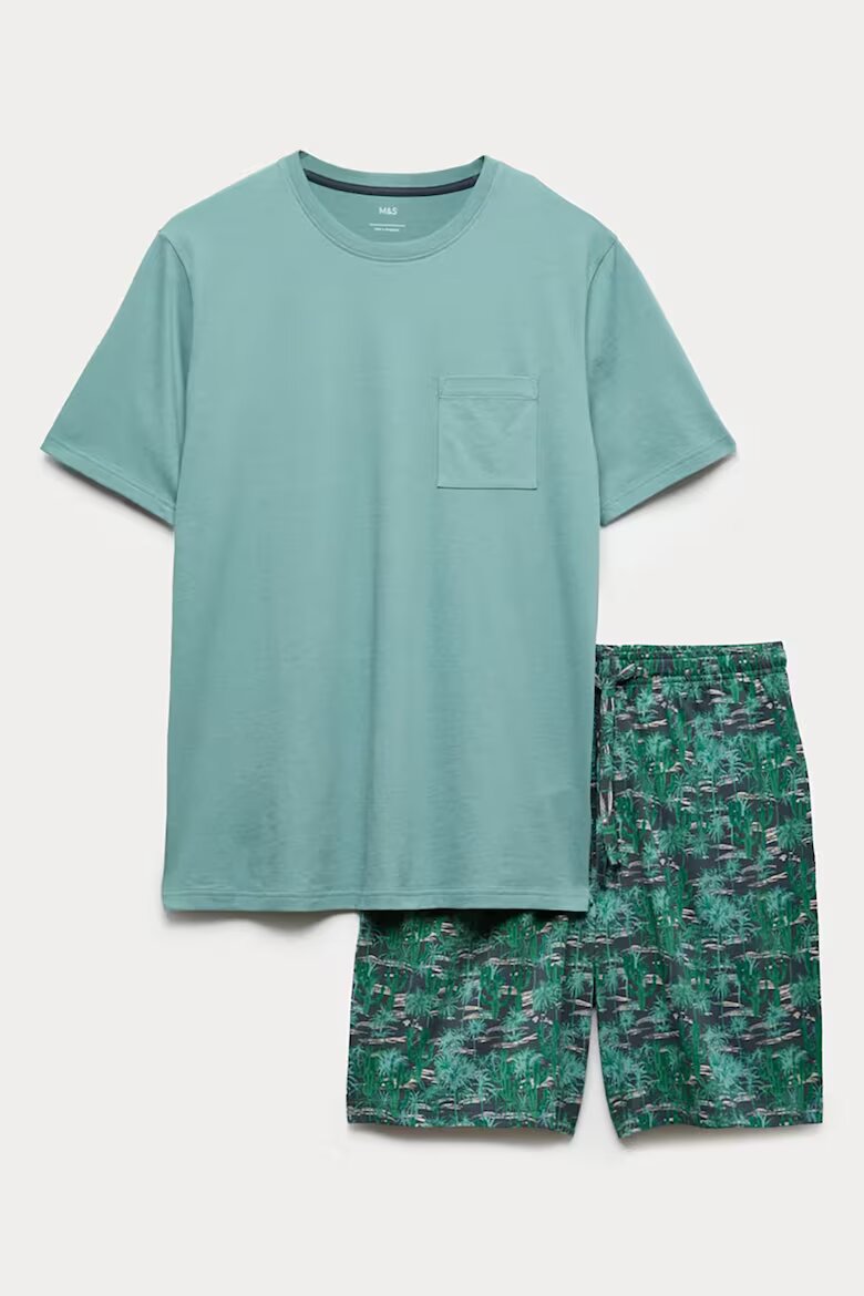 Marks & Spencer Памучна къса пижама с джоб Бледозелен/Папратово зелено