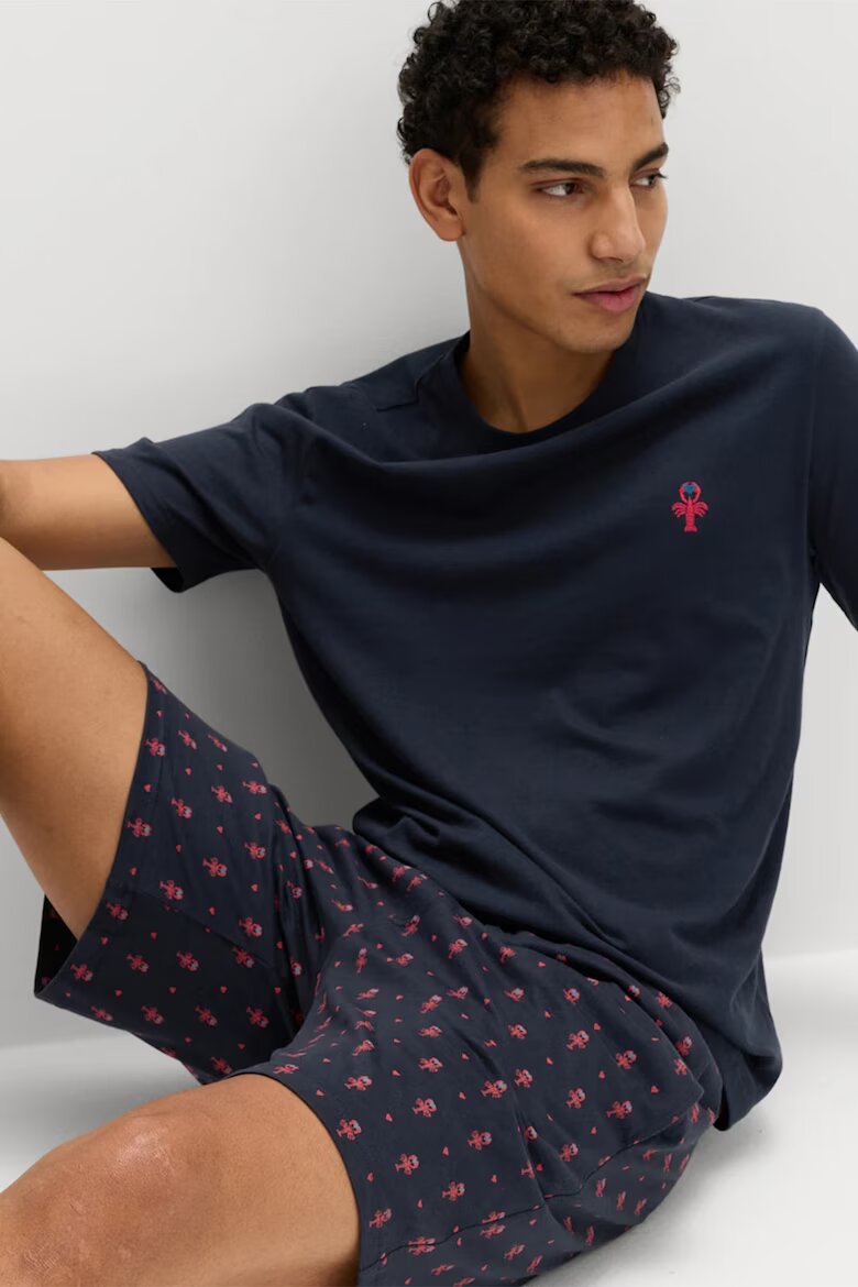 Marks & Spencer Памучна пижама с принт и къси ръкави Корал/Тъмносин