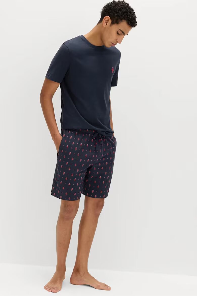 Marks & Spencer Памучна пижама с принт и къси ръкави Корал/Тъмносин