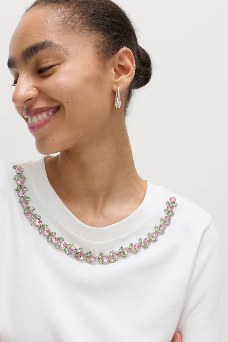 Marks & Spencer Памучна тениска с овално деколте Бял/Розово