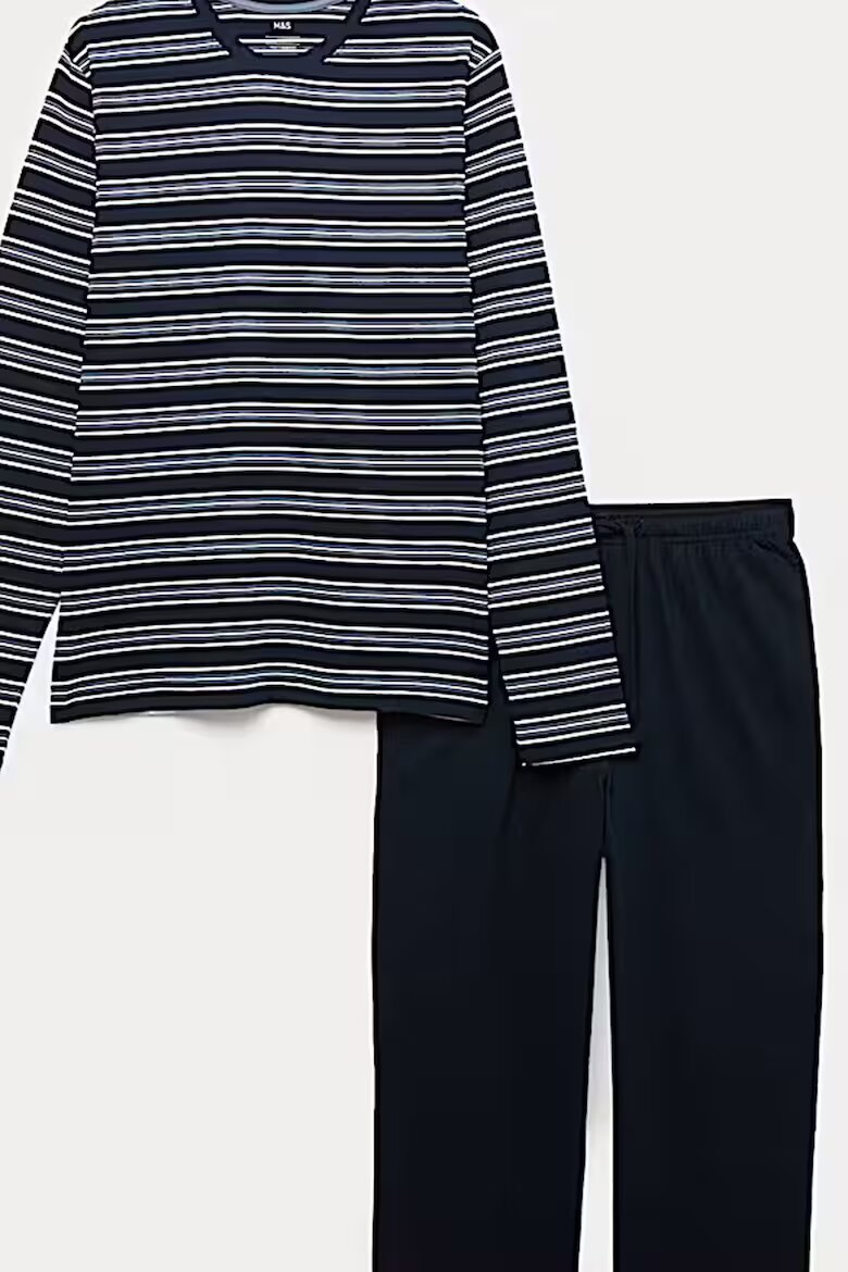 Marks & Spencer Раирана пижама с овално деколте Бял/Тъмносин