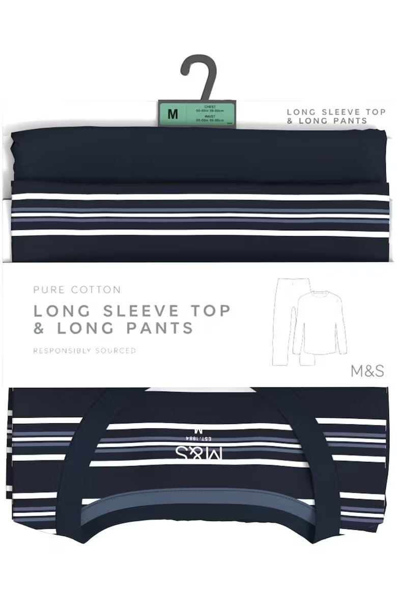 Marks & Spencer Раирана пижама с овално деколте Бял/Тъмносин