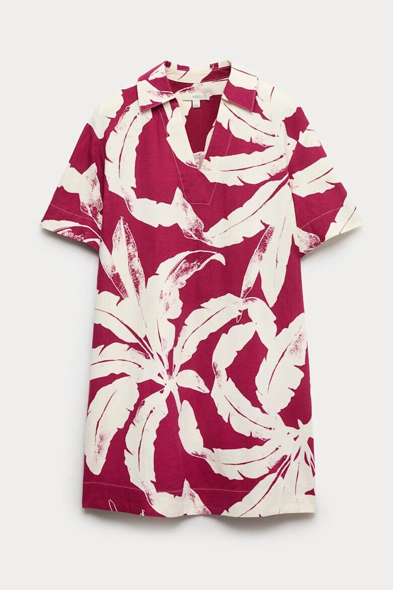 Marks & Spencer Тениска с лен с яка и тропическа шарка Малина/Бял
