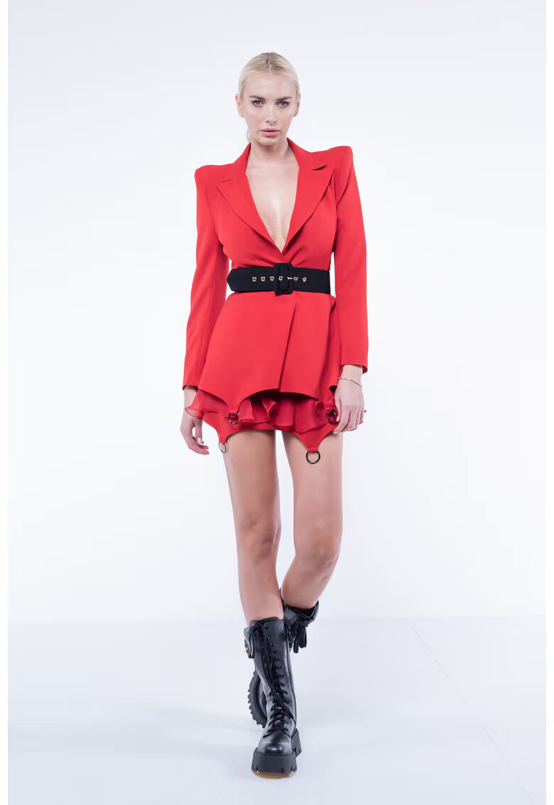 Monarh design Fusta mini cu volane din matase si inele metalice Red