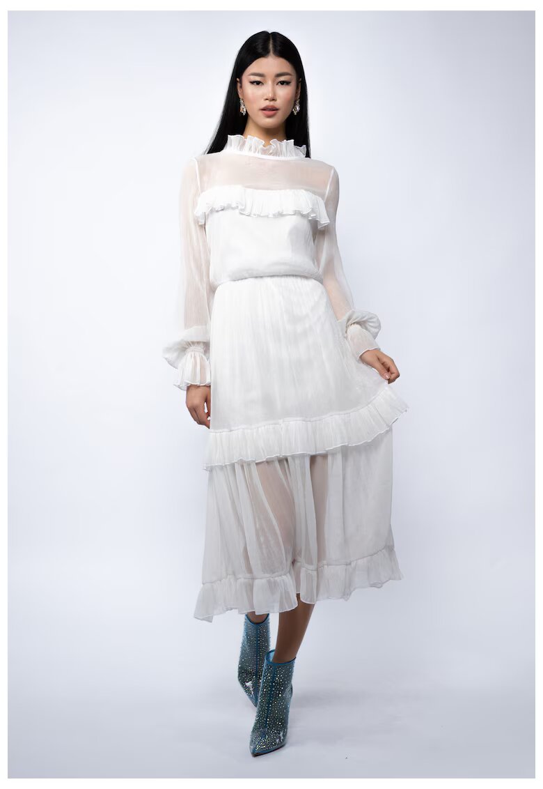 Monarh design Rochie midi din voal de matase peliculizata cu volane delicate