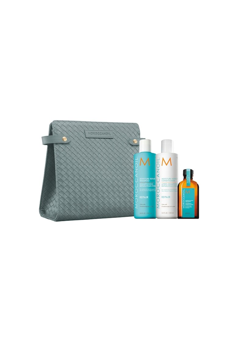 Moroccanoil Комплект Moisture Repair: Шампоан 250 мл + Балсам 250 мл - Масло за третиране 50 мл + Чанта