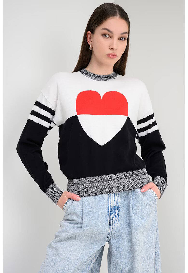 Moschino Jeans Десениран пуловер с овално деколте - Червен/Бял/Черен