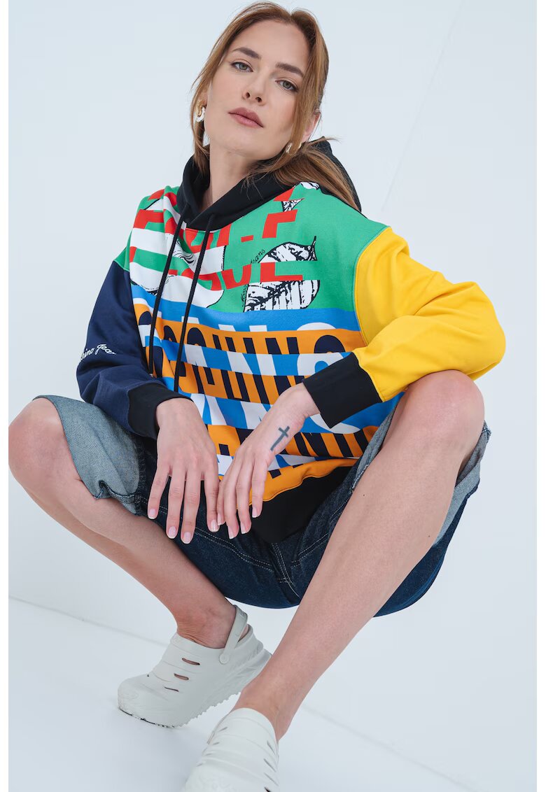 Moschino Jeans Десенирано худи - Черен/Мандарина/Аква зелено