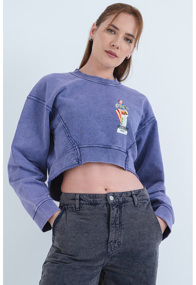 Moschino Jeans Къс суитшърт с принт - Бял/Виолетов